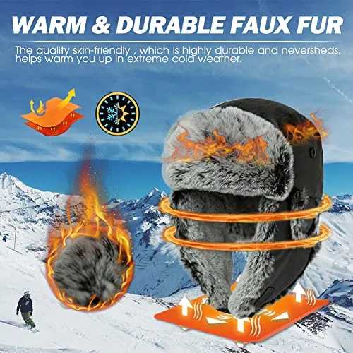 Comhats Winter Waterproof Trapper Hat Faux Leather Aviator Pilot Cap Warm Fleece Lined Bomber Hats for Men Womens Faux Fur Hat with Ear Flaps Thermal Cold Weather Hat