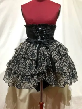 【MARBLE】マーブル　ハイウエスト編み上げスパイラルフリルスカート：黒×黒花アンティーク柄フリル