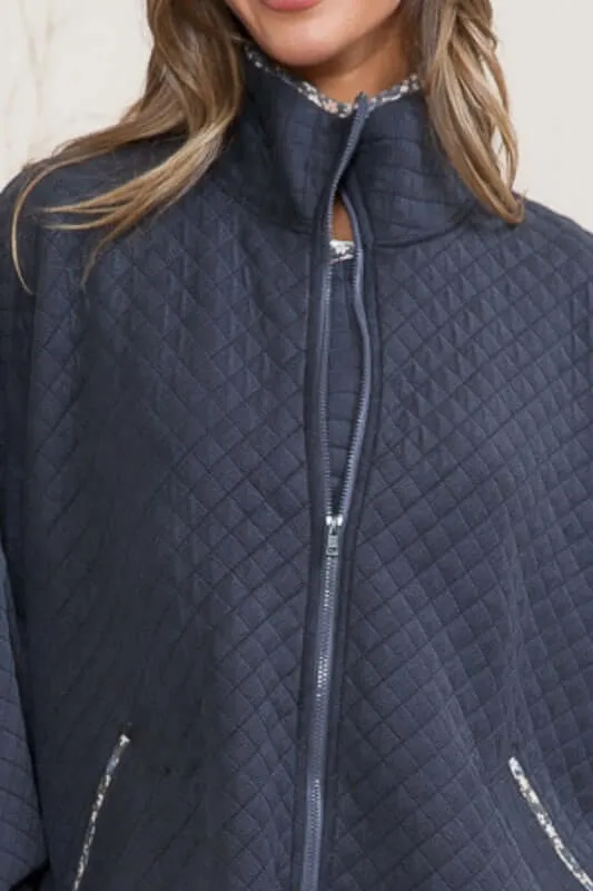 Navy Quilted Jacket with Floral Detail - Clearance Final Sale
