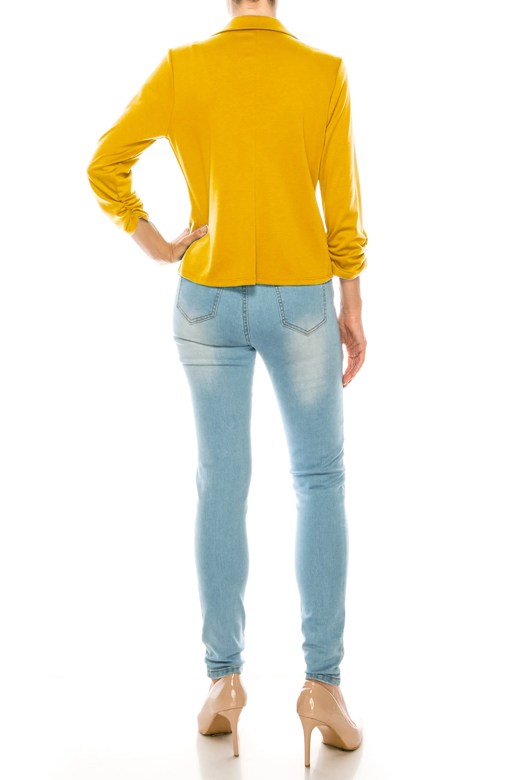 Women's Fitted Solid Blazer with Button Closure and Ruched Sleeves